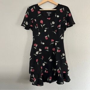 Randi May Vintage Black Red Floral Ruffle Mini Dress Tunic Casual 12
